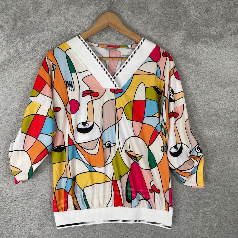 Aras Blouse Womens Medium Multicolor V Neck Roll Tab Sleeve Abstract Art Vintage